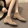 2023 Autumn/Winter European/American Suede Low-Heeled Women's Boots - Pointed Frosted Front, Lace-Up, Solid Color, Thick Heel Fashion Boots.