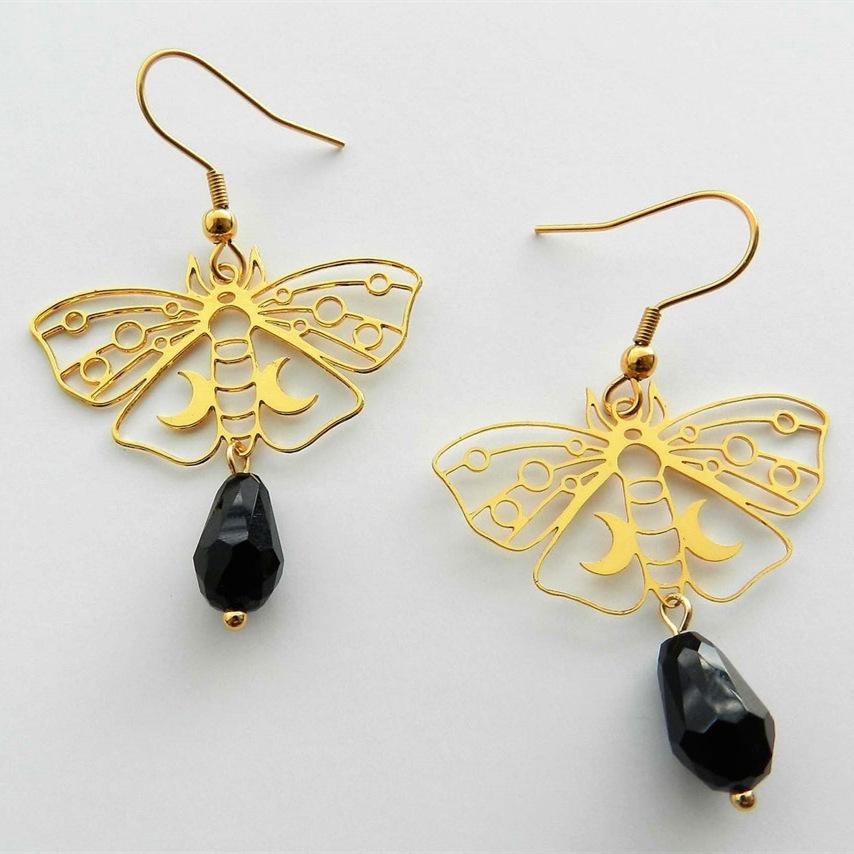Vintage Hollow-out Butterfly Pendant Earrings Bohemian Moon Moth Ear Hooks Natural Stone Jewelry Accessory Gifts For Women Girls