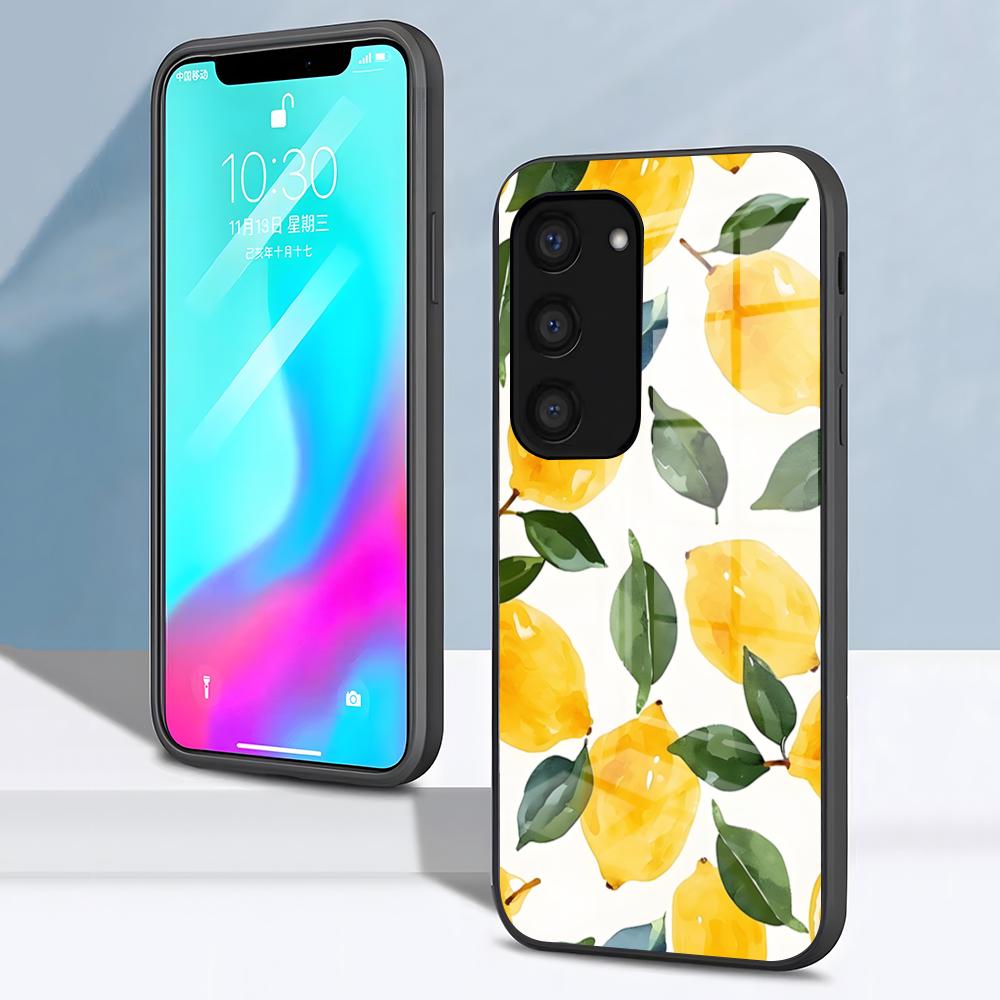 Фруктовый чехол-лимон для телефона Samsung S26 S25 S24 FE S23 S22 S21 Plus S20 Ultra Note20Ultra Черная стеклянная крышка