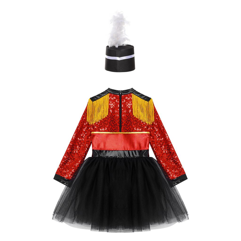 Kids Honour Guard Outfit Tutu Leotard Dress with Feather Hat Back Zipper for Cosplay
