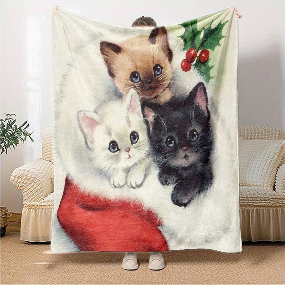 Christmas Kittens Santa'S Hat Blanket Soft Throw Blanket For Home Bedroom Bed Sofa Travel Office Solid Christmas Blanket