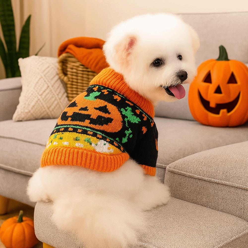 Turtleneck Design Halloween Dog Sweater Pumpkin Costume Dog Knitwear Puppy Outfit
