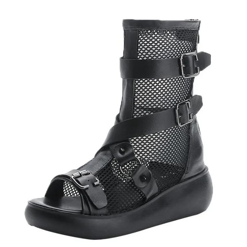 Fashion 6CM New Fashion Women Wedges Sandals Summer Air Mesh Cool Boots Ladies Genuine Leather Open Toe Platform Gladiator Sandals Black