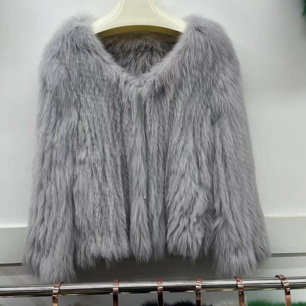 Модное пальто из плетеного натурального лисьего меха для женщин, короткий стиль, удлиненная передняя часть и короткая задняя часть, V-образный вырез, двусторонний мех, молодежный топ