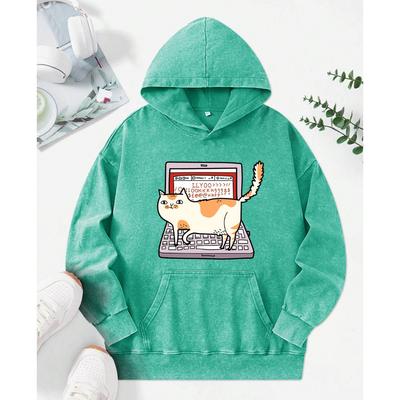 Кошки, ходящие по компьютерным клавиатурам, принты, выстиранные худи, женская хлопковая модная одежда, осеннее свободное худи
