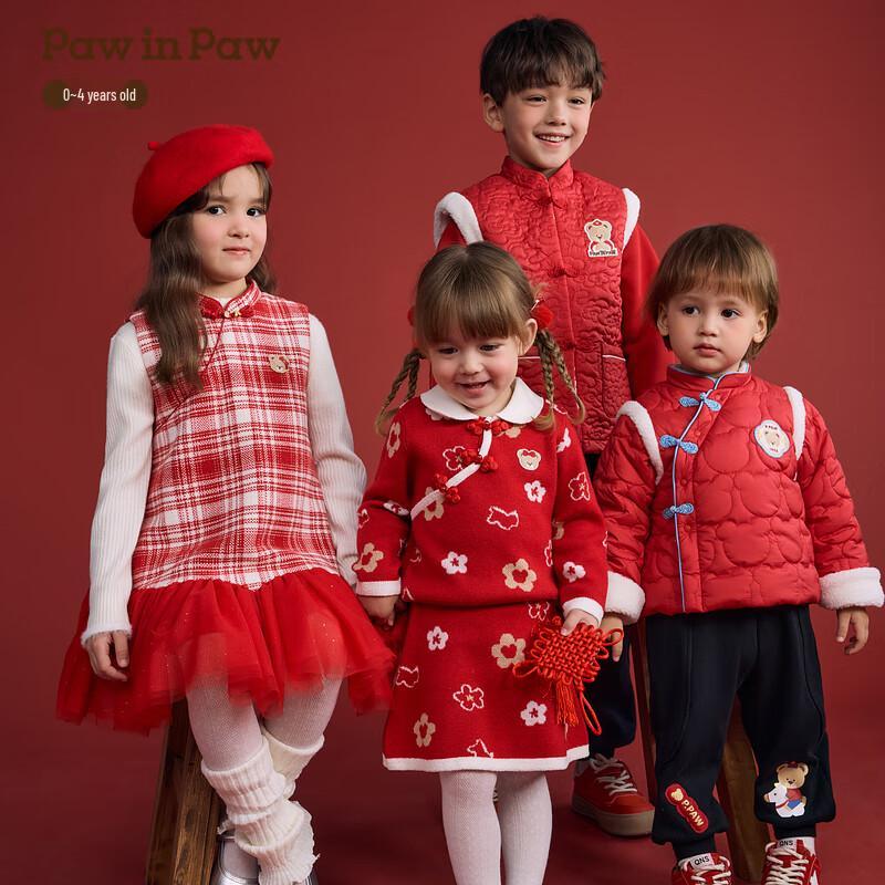 PawinPaw 2025 Зима Новый Год Мультяшный Медведь Набор Платьев для Малышки