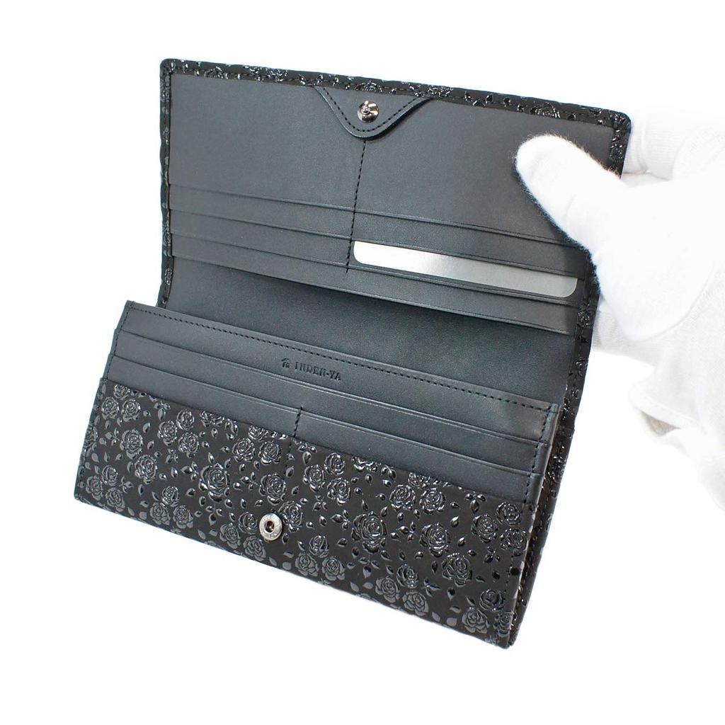 Inden Long Wallet Bundle Q with Coin Purse Deerskin Black x Black Lacquer Rose Petite [Indenya] 2308-01-176