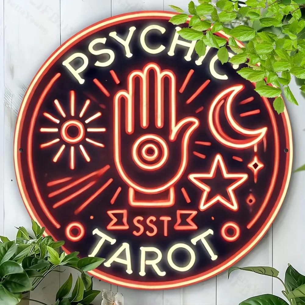 Psychic Tarot Neon Sign, Round Metal Wall Art. Durable Aluminum Decor for Home. Ideal Gift for LR, Bar, Cafe, Outdoor Settings.