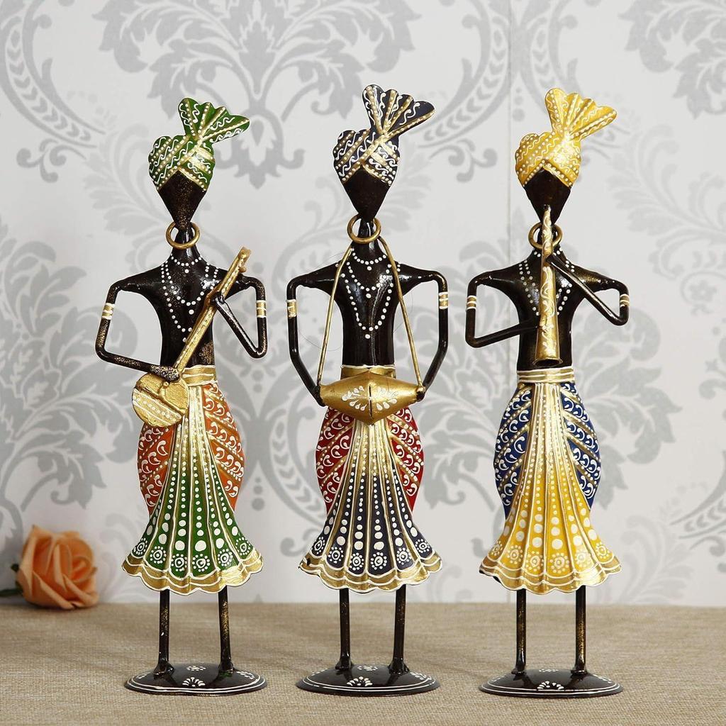 Tribal Metal Handicraft Muisician Showpiece Statue Table Decorative Items for Home,Antique Gift Items, Showpiece, Home Decoration Items (Set Of 3)