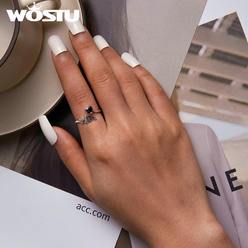 WOSTU 100% 925 Sterling Silver Retro Devil Wing Open Ring For Women Exquisite Black Heart Zircon Ring Fine Anniversary Jewelry