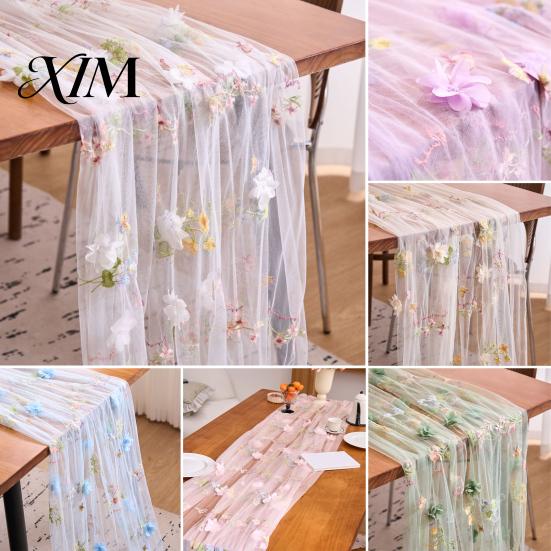 Sheer Floral Table Overlay Lace Embroidery Tablecloth, 3D Flower Tulle Cover, Seasonal Decorative Mats Colorful Cloth for Wedding Birthday Tea