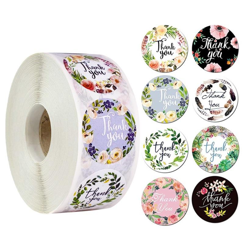 500pcs/roll Round Floral Thank You Stickers Envelope Seal Sticker