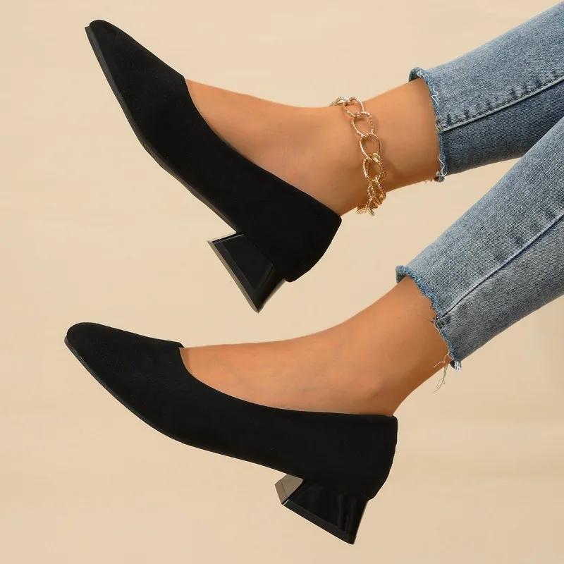 Ladies Shoes 2024 New Slip On Women's Pumps Autumn Square Toe Suede Solid Outdoor Casual Chunky Heels Shallow Large Size Shoes