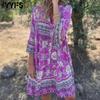 Women's Fashion Spring Fall Flower Pattern Print Long Sleeve V-Neck Loose Waistline Casual Dresses