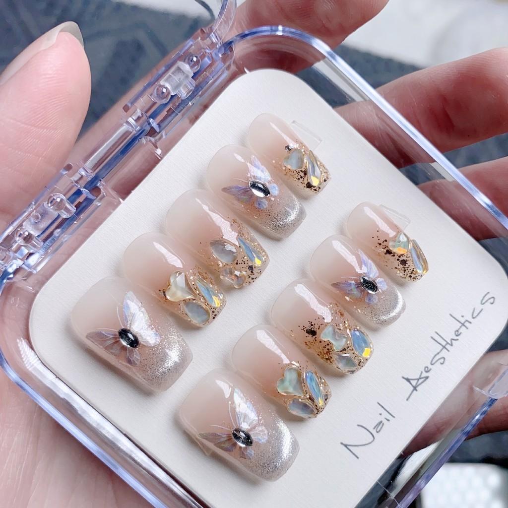 Ручная работа Французский кошачий глаз Бабочка Эльф Телесный цвет Сердце любви Алмазный дрилл Нежный белый Короткие ступеньки Наклейки для ногтей XS S M L Набор из 5