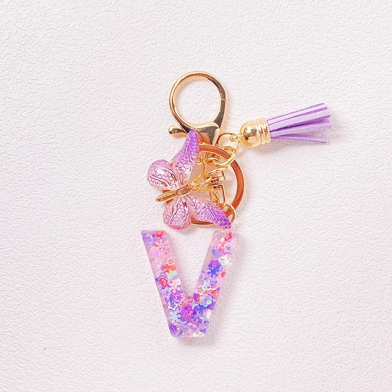 Able Purple Letter Keychain Sequin Butterfly Tassel Pendant Keychain Exquisite Backpack Decoration Accessories Gifts