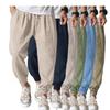 Cotton and Linen Nine Cropped Pants Beach Pants Pocket Drawstring Elastic Waist Solid Color Comfortable and Breathable  Men’s Casual Pants