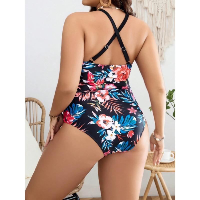 2025 принт ремешки плюс размер купальники женский сексуальный пуш-ап большой цельный купальник крест на спине пухлый большой купальный костюм