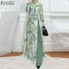 Women Casual O-neck Floral Print Long Sleeve Dress