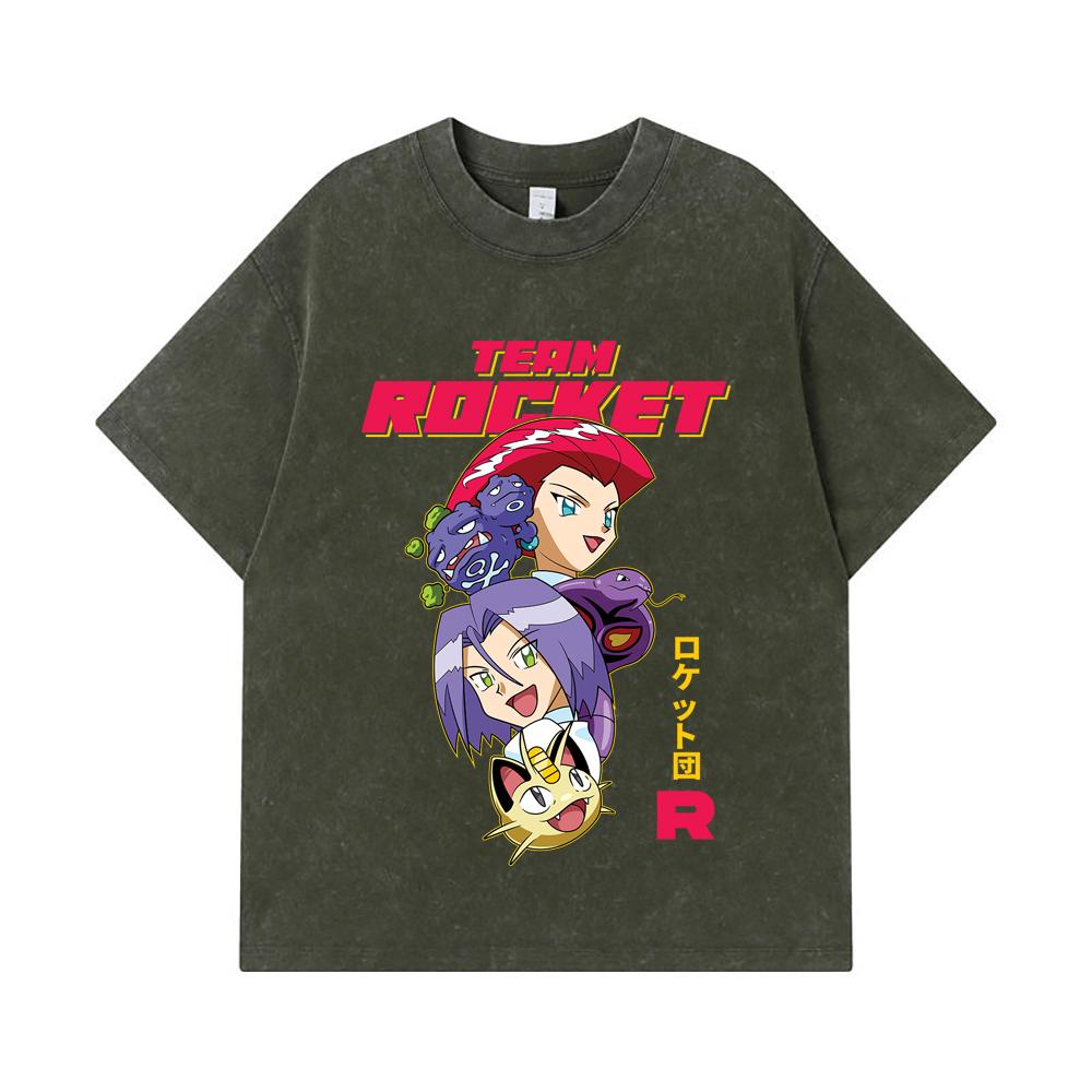275 GSM Washed T-shirts 100% Cotton Pokemon V9 Team Rocket Print Unisex Heavy Cotton T Shirt