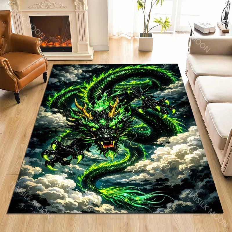 Green Flaming Dragon Swirling Through Clouds Carpet for Living Room Bedroom Sofa Home Decor Rus Non-slip Floor Mat Luxury Gift