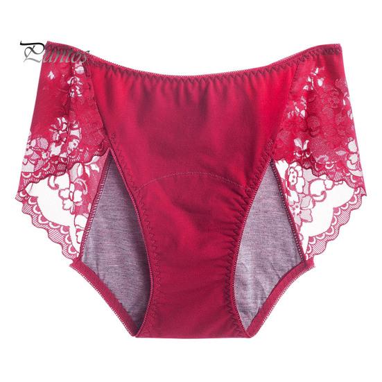 Women Menstrual Panties Lace Solid Color Plus Size Butt-lifted Mid Waist Seamless Elastic Period Leakproof Briefs Underpants Female Underwear