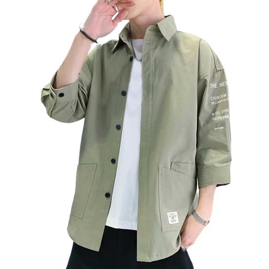 Лето-весна мужская рубашка однобортный свободный кардиган с карманами сплошной цвет мягкий дышащий отложной воротник рукава три четверти рубашка-карго пальто