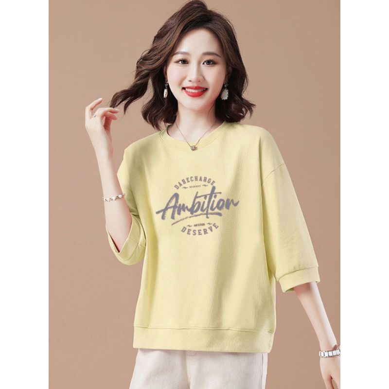 Foreign Trade Clearance 100% Cotton round Neck T-shirt 3/4 Sleeve Loose Slimming Cover Meat Western Style Light Color Spring and Summer Women's Top