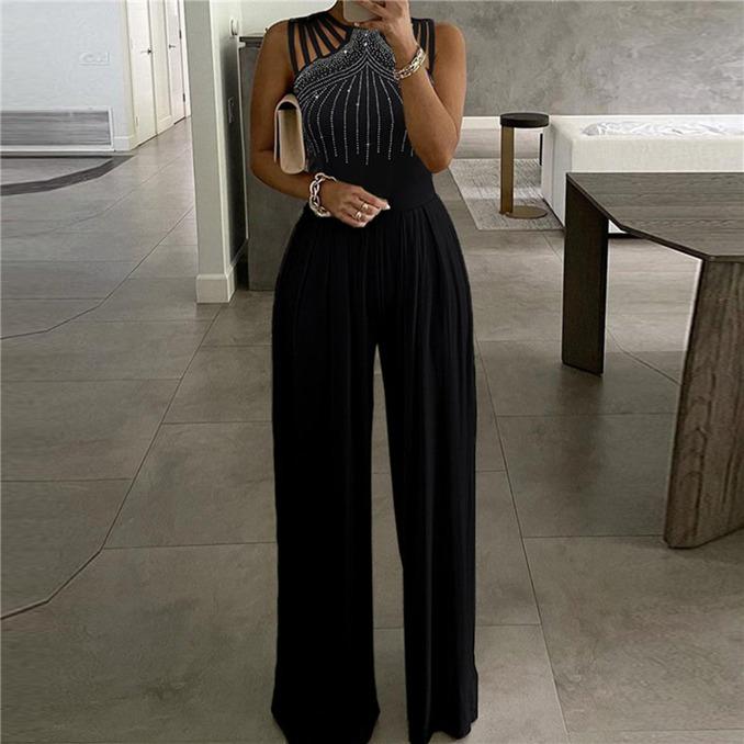 Новый сексуальный тонкий комбинезон без рукавов больших размеров, свободный полый плиссированный комбинезон с широкими штанинами