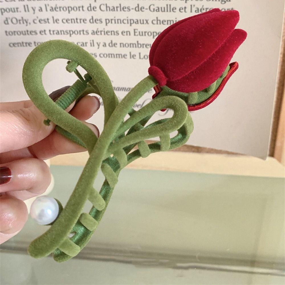 Clip Female Hair Accessories Red Velvet Hair Claw Korean Style Headwear Flocking Tulip Hair Clip