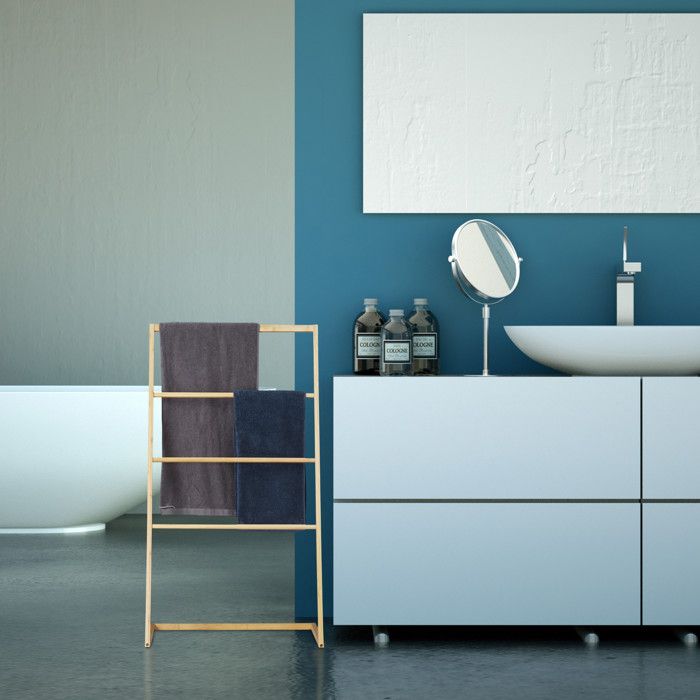 Relaxdays porte-serviettes sur pieds, échelle escalier 4 barreaux, serviette bain douche, hxlxp 110 x 60 x 35 cm, nature