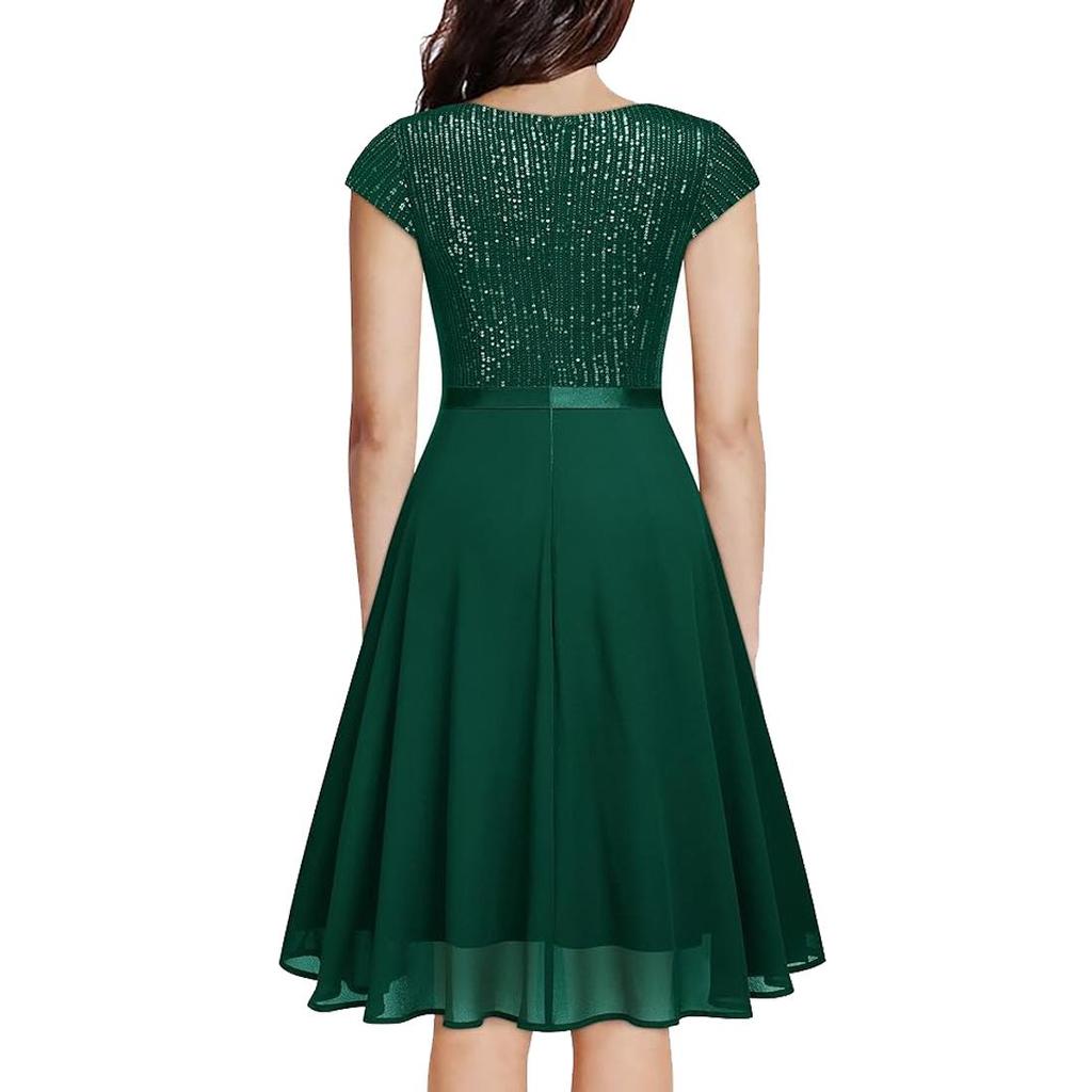 Women's Swing Dresses Sequin Round Neck Short Sleeves A Line Dress Chiffon Skirt Cocktail Party Evening Wedding Guest Outfits Bridesmaid Wear