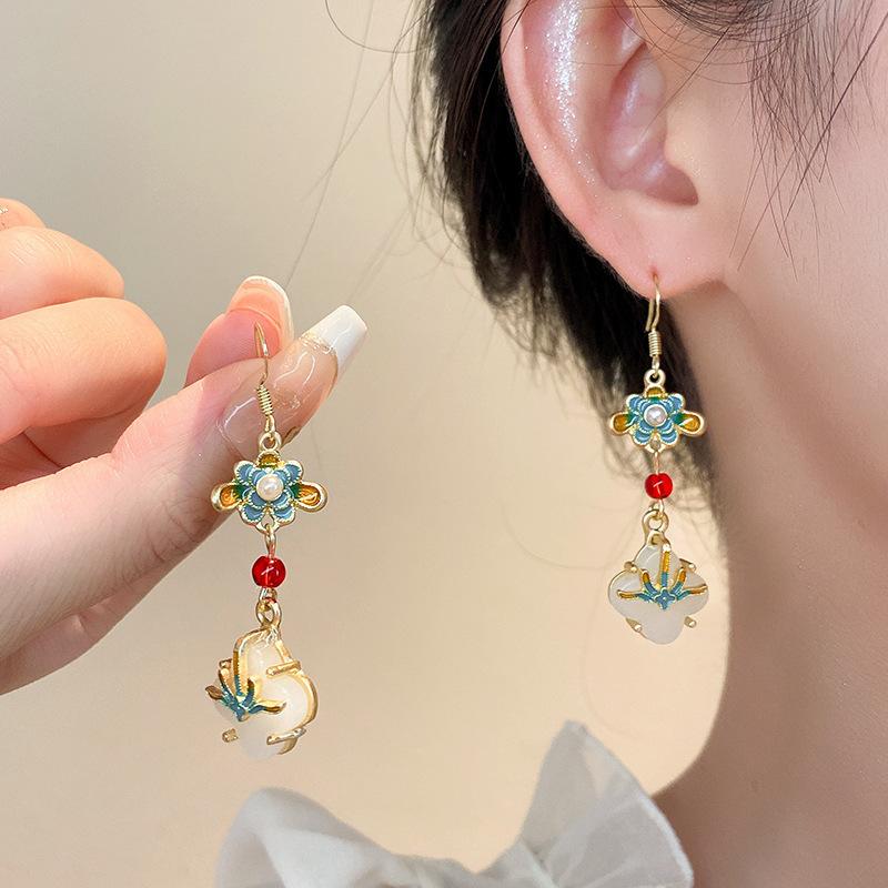 Luxury New Ancient Women's Hanfu EarringsTang Dynasty Burnt Blue Butterfly Pearl Dangle Earrings Wedding Jewelry Gift