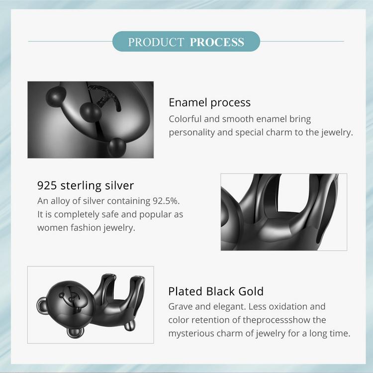 WOSTU 925 Sterling Silver Cute Black Baby Bear Charms Beads Fit Original Bracelet DIY Jewelry