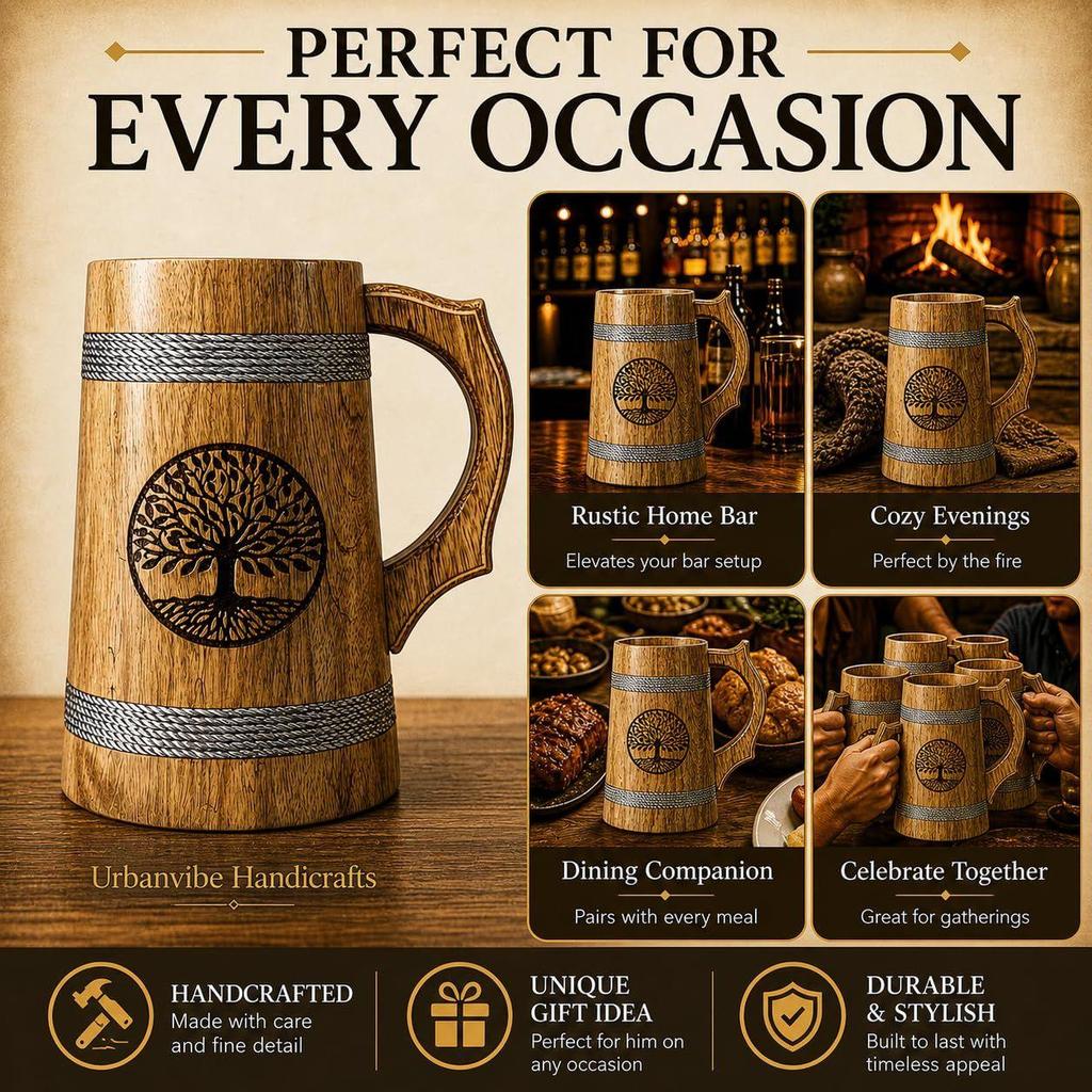 Handmade Wooden Beer Mug, Wood with Sheesham Finish, Barrel Style, Lightweight & Durable, for Craft Beer, Home Bar, Café, Party, Gift(350ml)