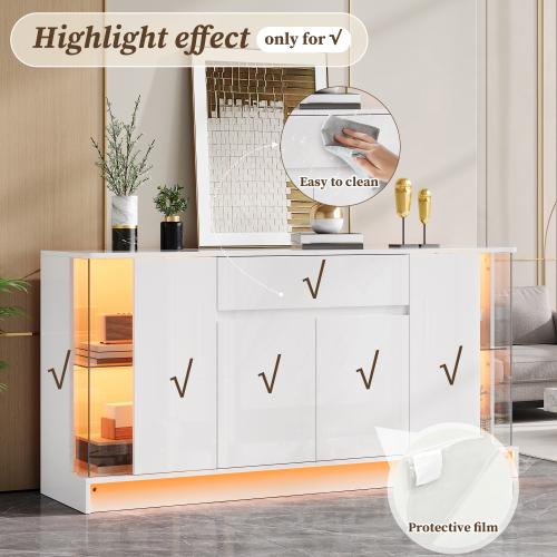 White High Gloss Sideboard, Particle Board Display Cabinet, 2 Glass Doors, Drawer & Double Doors, App Controlled LED Lighting, Living Room Storage