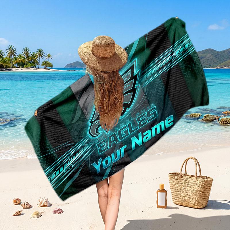Philadelphia Eagles Customized Name Text Beach Towel, Soft Absorbent Towel Beach Pool Travel Personal Gift