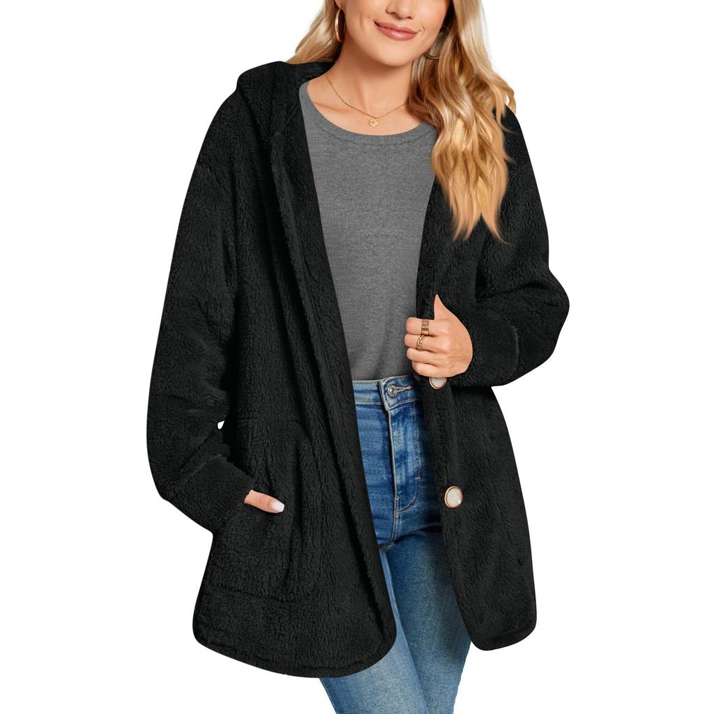 Women's Fashionable Solid Color Long Sleeved Pocket Loose Hooded Button Plush Jacket