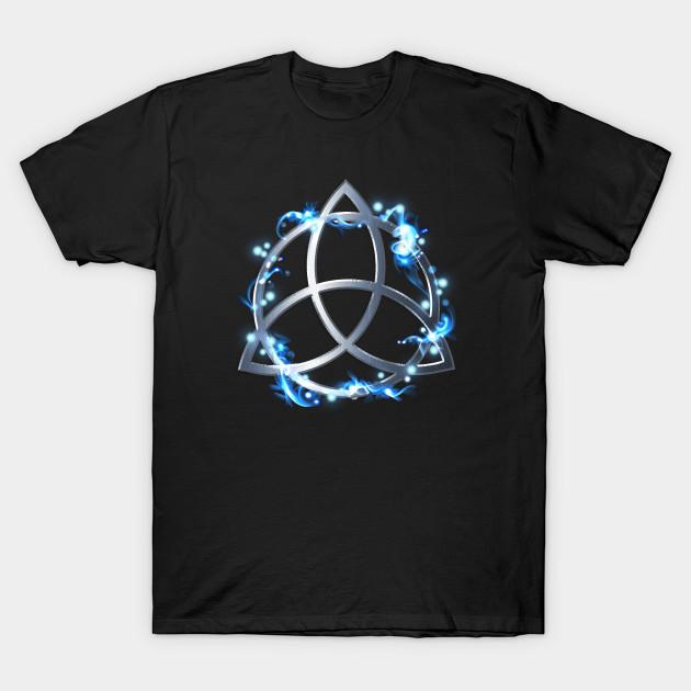 Asian Size Men Black Print T-shirt Blue Magic Triquetra Celtic Knot No-Cut Heat Transfer Print Cotton Tshirt