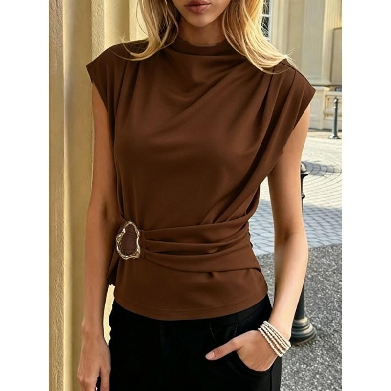 High Neck Sleeveless Metal Buckle Belt Waist Cinching Slim Fit Commuter Blouse