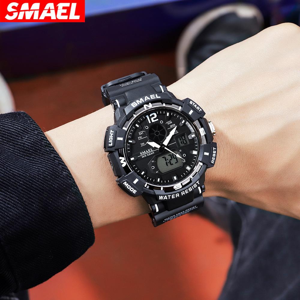 SMAEL Мужские цифровые часы, крутые противоударные электронные часы, многофункциональные водонепроницаемые спортивные электронные кварцевые часы с двойным дисплеем