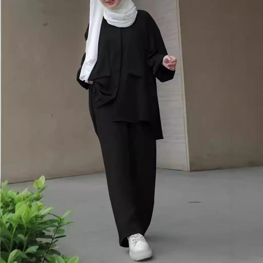 Женский костюм больших размеров с длинными рукавами и брюками-рубашкой на осень