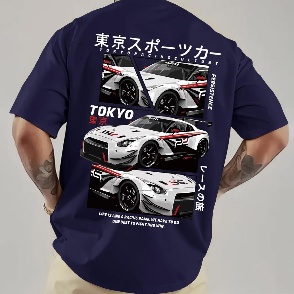 Мужская футболка с графикой Tokyo Racing, свободного кроя, повседневная, с коротким рукавом, с японским текстом, дизайн автомобиля, дышащая, летняя