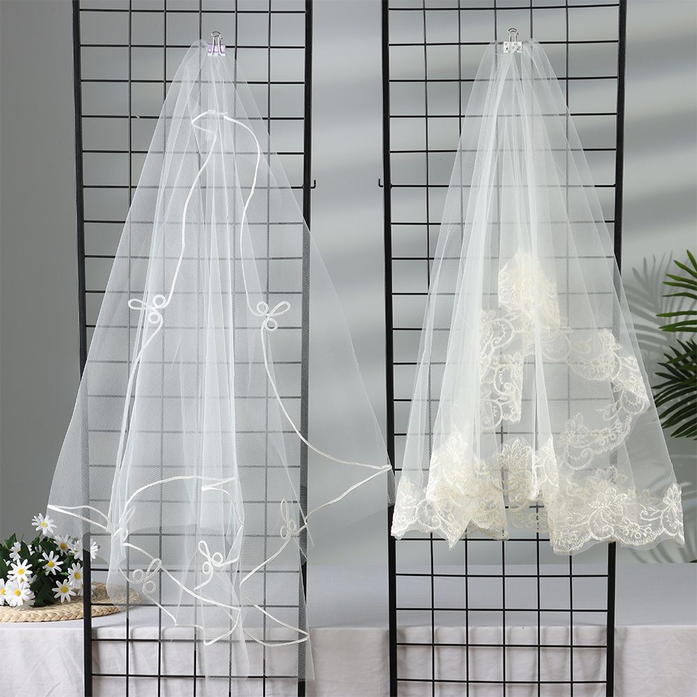 Elegant Two Layer White Ivory Short Simple Bridal Veil Wedding Veil Women's Tulle Lace Edge