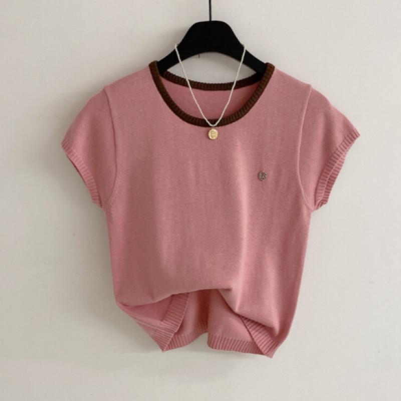 Honey J Short Sleeve Color Block Line Detail Knit 4Color