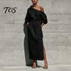 Women Long Dress One Shoulder Dress, Solid Color Tie Waist Side Split Casual Summer Dresses Party Sleeve Maxi for Everyday Wear