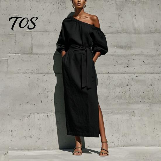 Women Long Dress One Shoulder Dress, Solid Color Tie Waist Side Split Casual Summer Dresses Party Sleeve Maxi for Everyday Wear