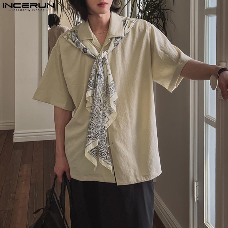 INCERUN Мужские повседневные рубашки оверсайз с лацканами, шарфом на шее и коротким рукавом