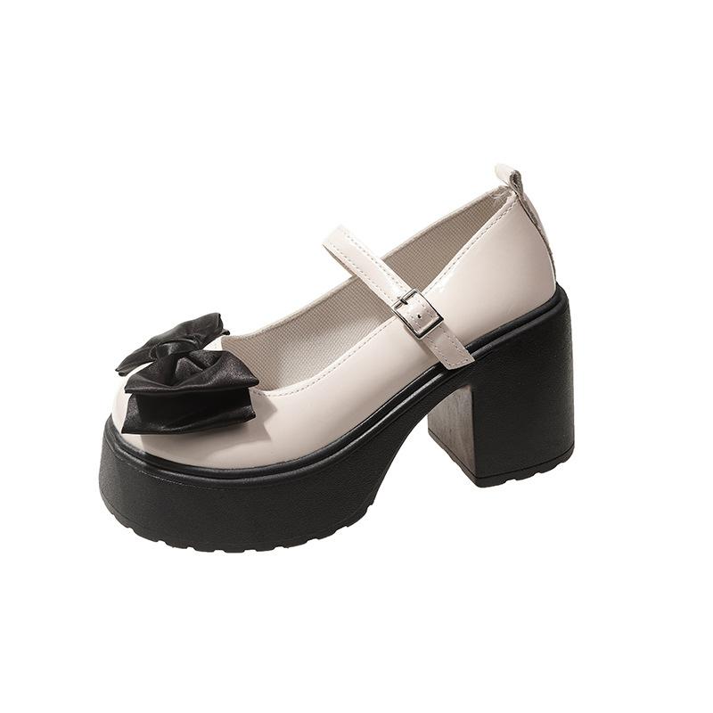 Летние новые туфли Мэри Джейн на грубом каблуке Модные туфли-лодочки с бантом на толстом каблуке с круглым носком Модные уличные туфли в стиле Лолиты