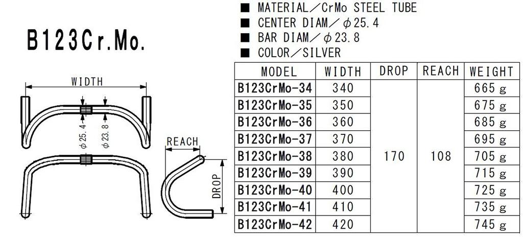 NITTO Drop Handle Chromium Molybdenum B123 390 Silver B123CrMo-39 25.4